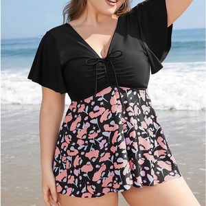 Drawstring Ruffle Sleeve Tankini Top